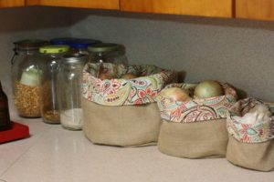 burlap and fabric baskets