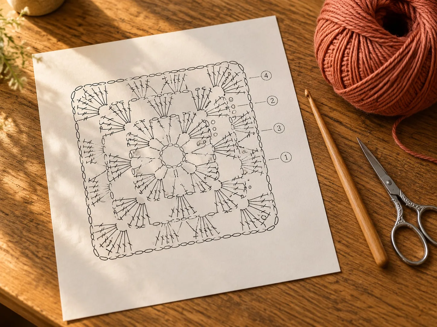 A printed crochet chart page with a granny-square diagram, a wooden crochet hook, a ball of terracotta yarn and small scissors on an oak table