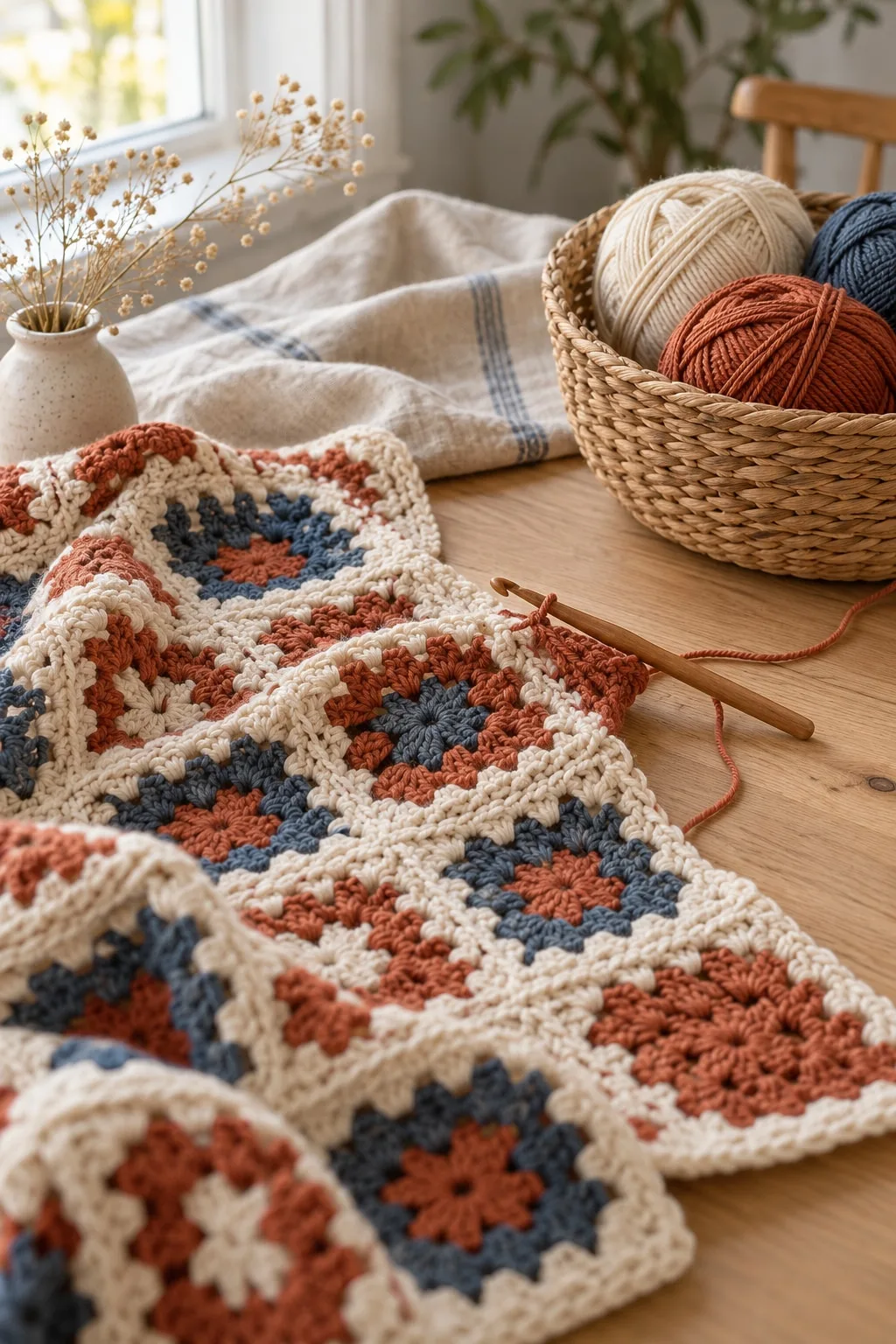 A granny-square blanket in progress with a wooden hook and a basket of cotton yarn