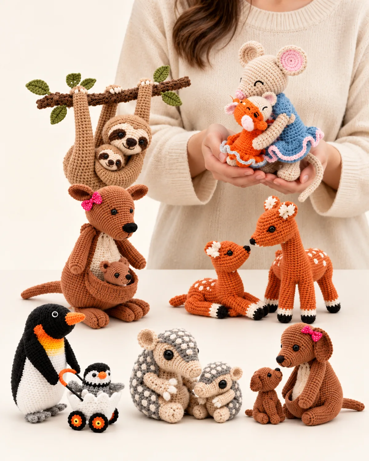 Parent and Baby Animal Amigurumi Collection, front three-quarter view in use