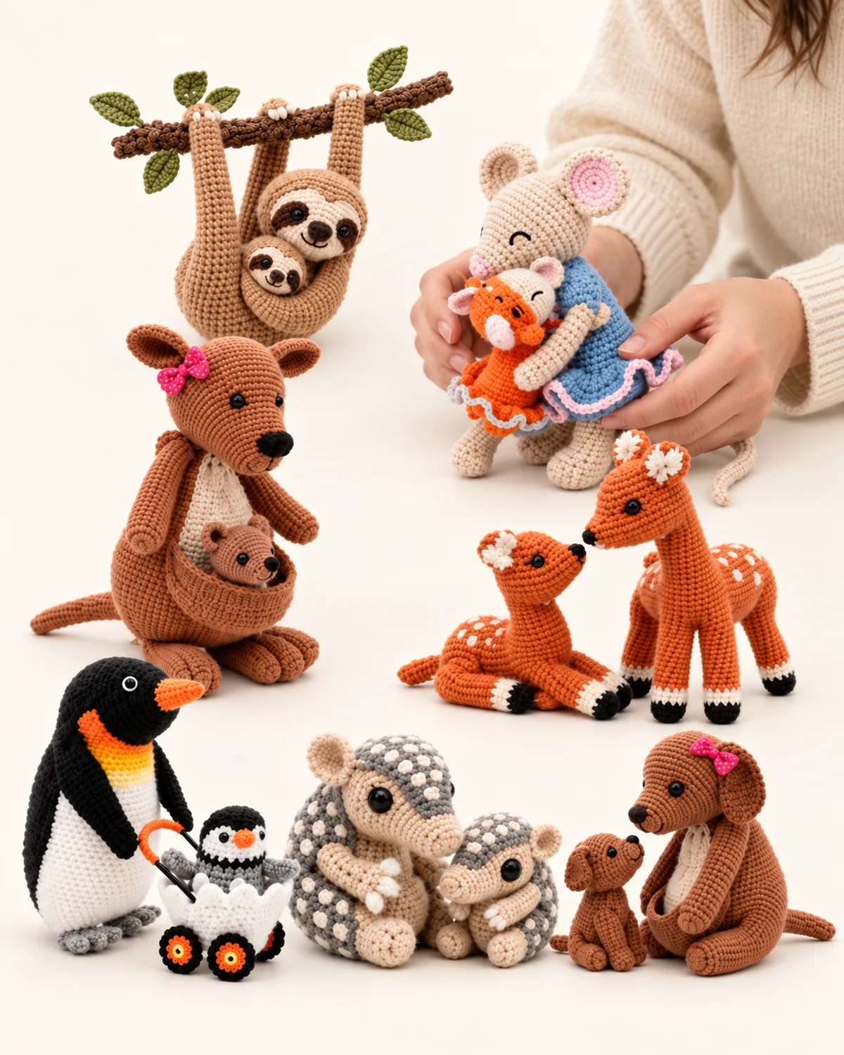 Parent and Baby Animal Amigurumi Collection, side three-quarter view in use