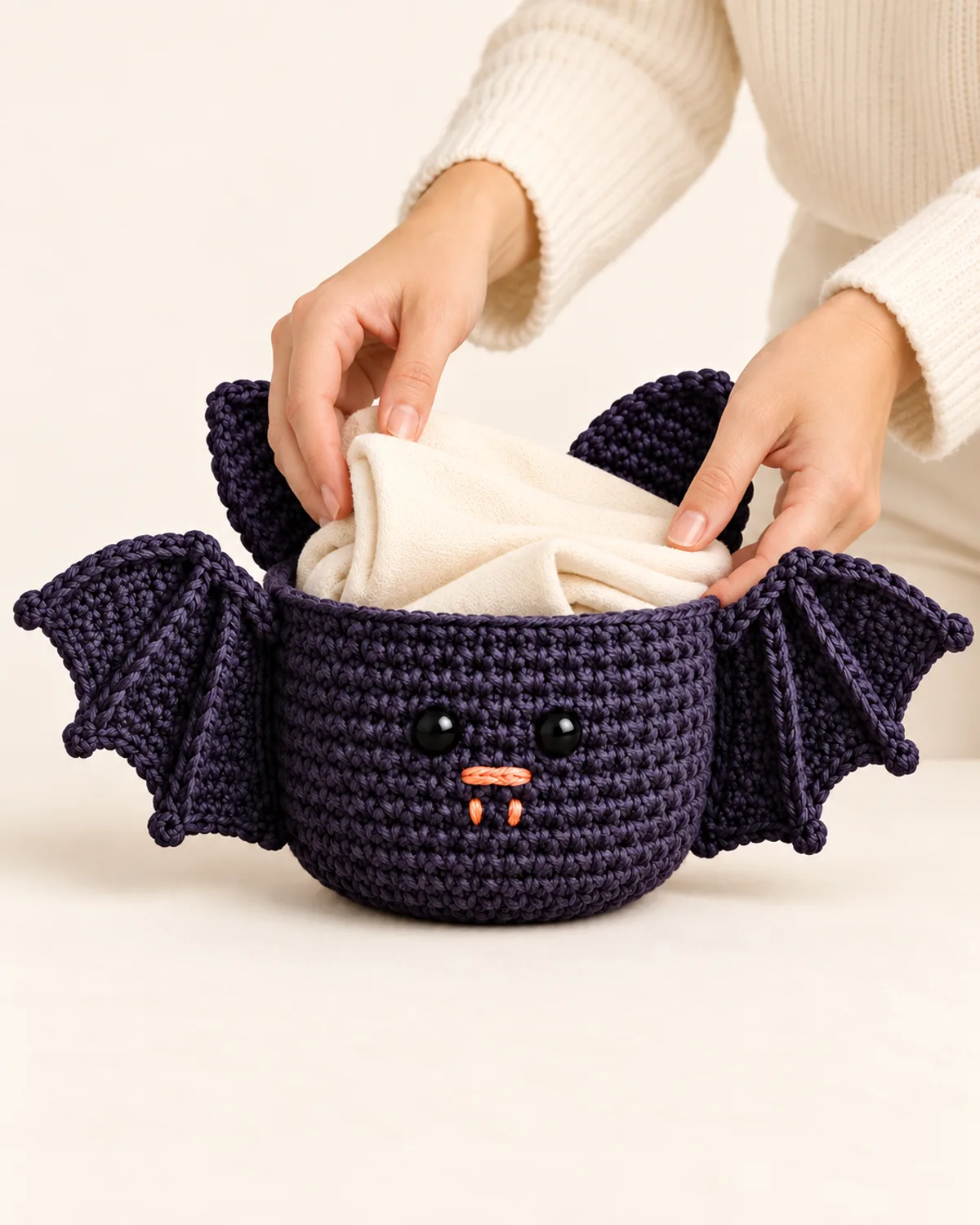 Spooky Bat Basket, front three-quarter view in use