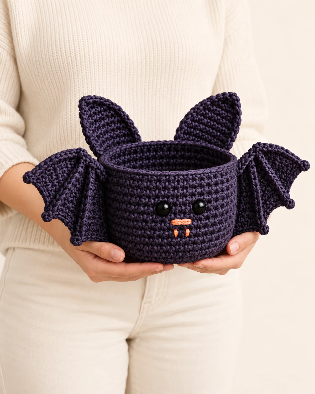 Spooky Bat Basket, side three-quarter view in use