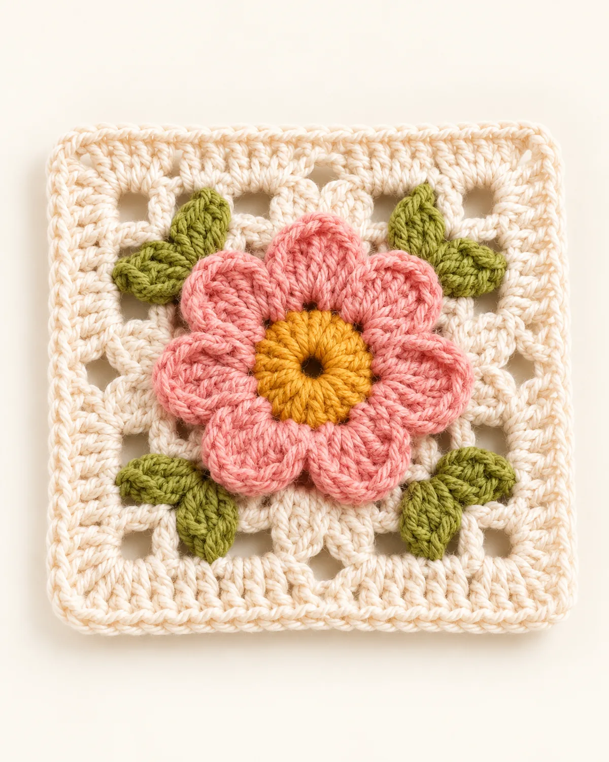 Flower Granny Square, finished product on a warm off-white background