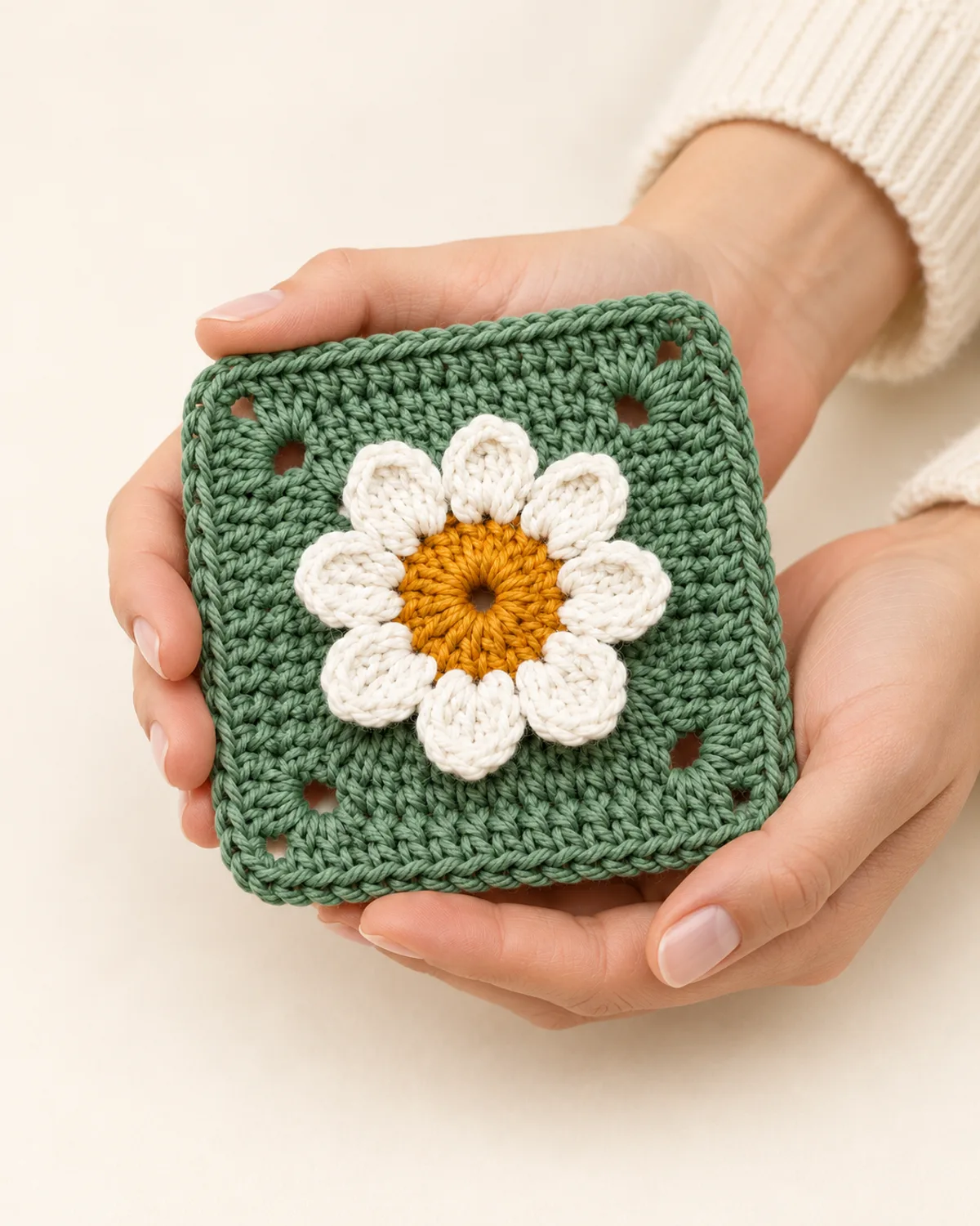 3D Daisy Flower Granny Square, front three-quarter view in use
