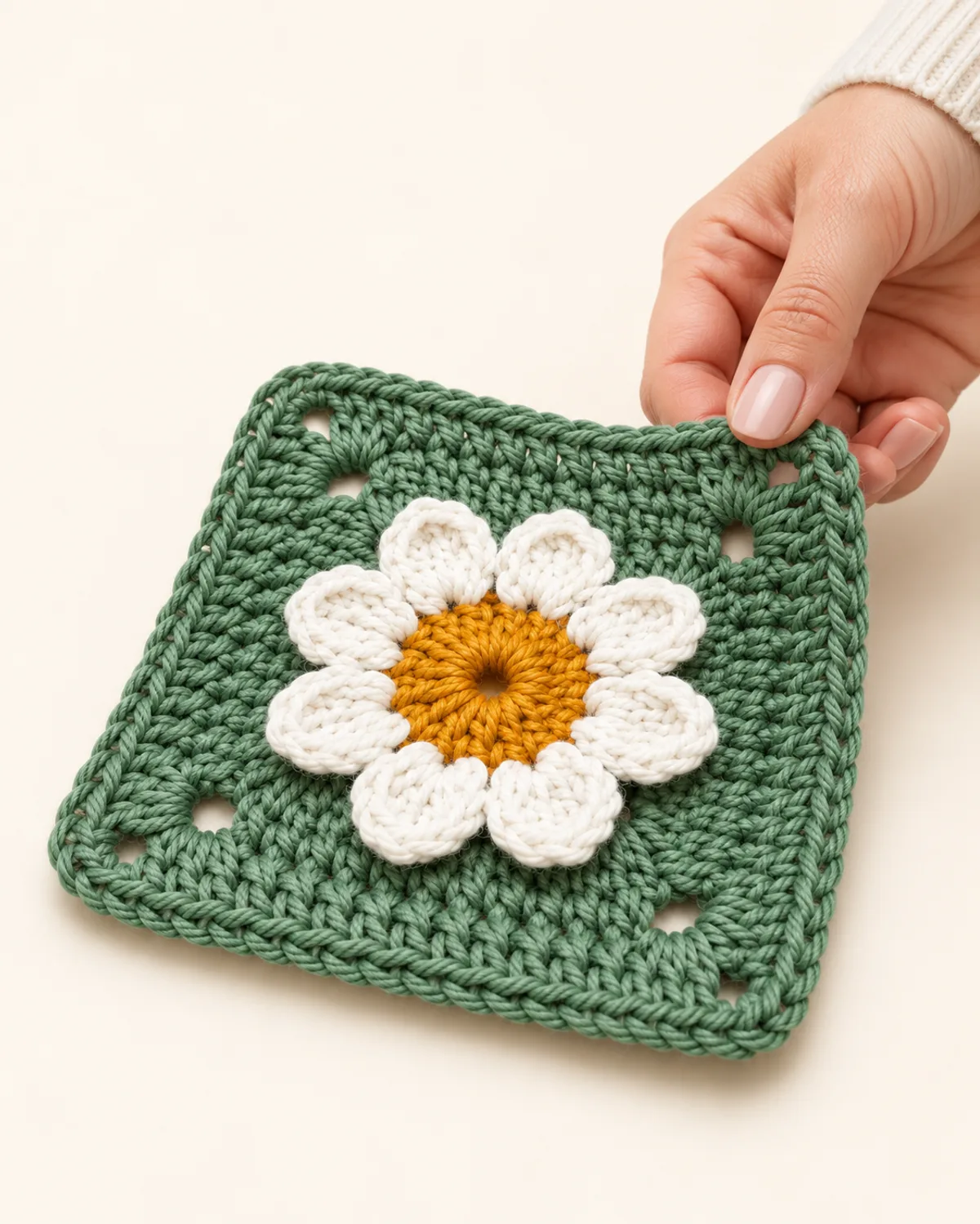 3D Daisy Flower Granny Square, side three-quarter view in use