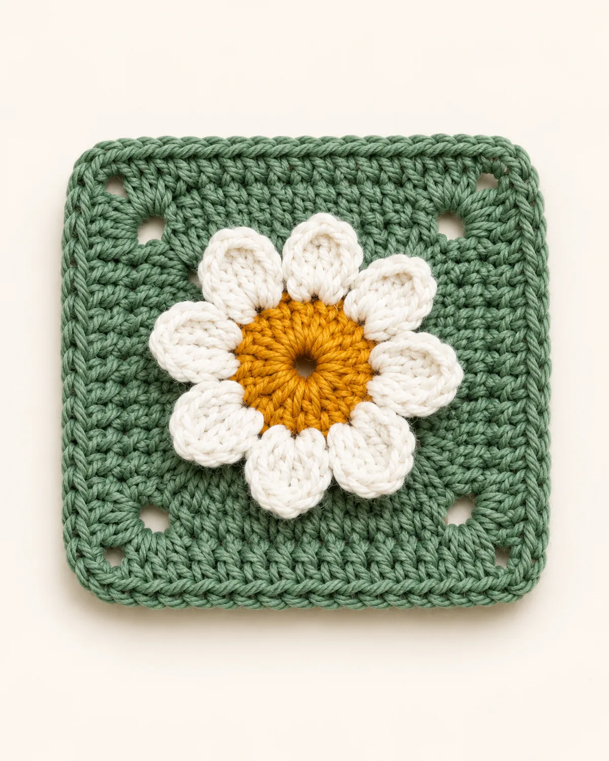 3D Daisy Flower Granny Square, finished product on a warm off-white background