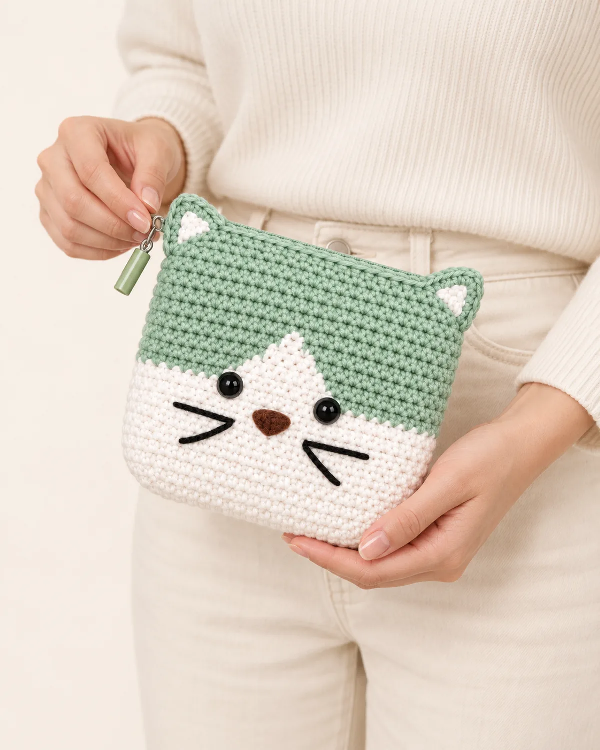 Cat Pouch Bag, side three-quarter view in use