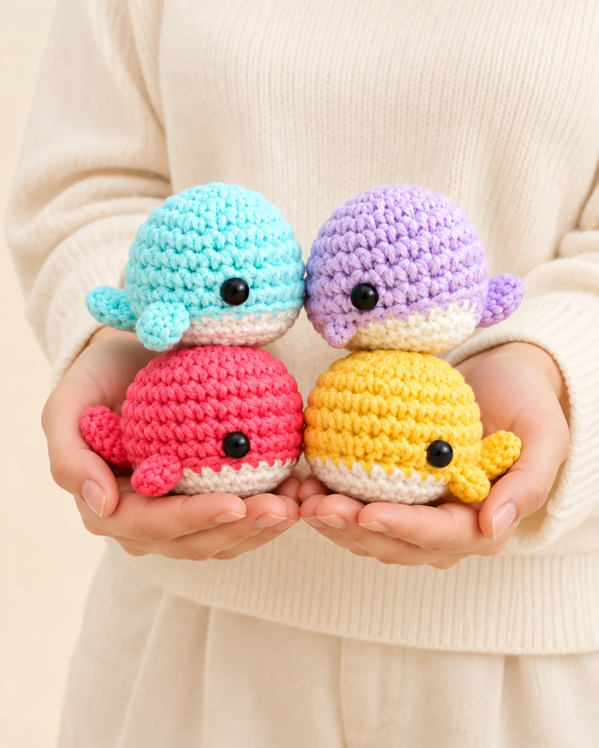 Mini Whale Amigurumi Set, front three-quarter view in use