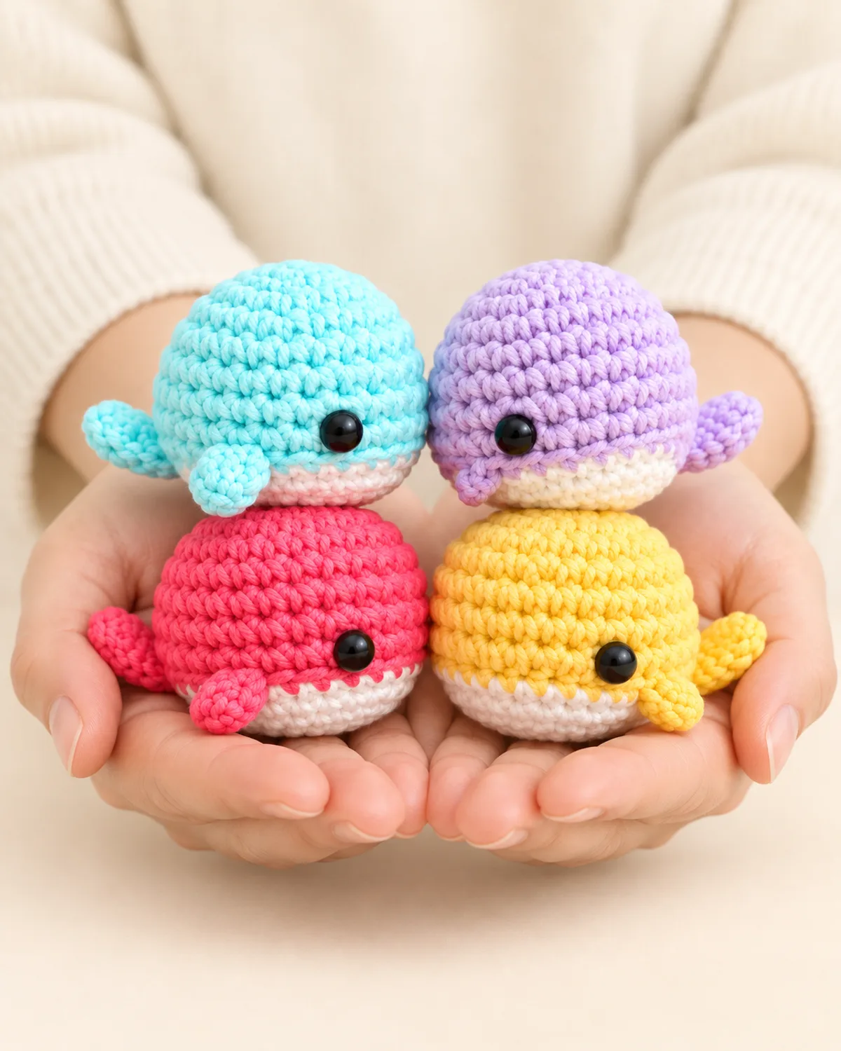 Mini Whale Amigurumi Set, side three-quarter view in use