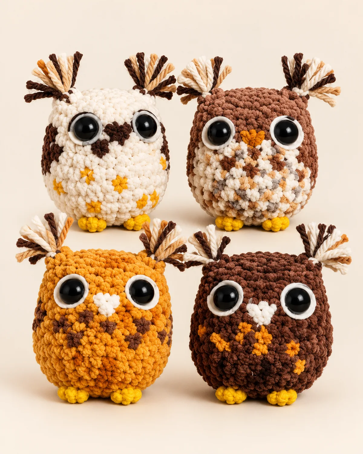 Mini Owl Amigurumi Set, finished product on a warm off-white background