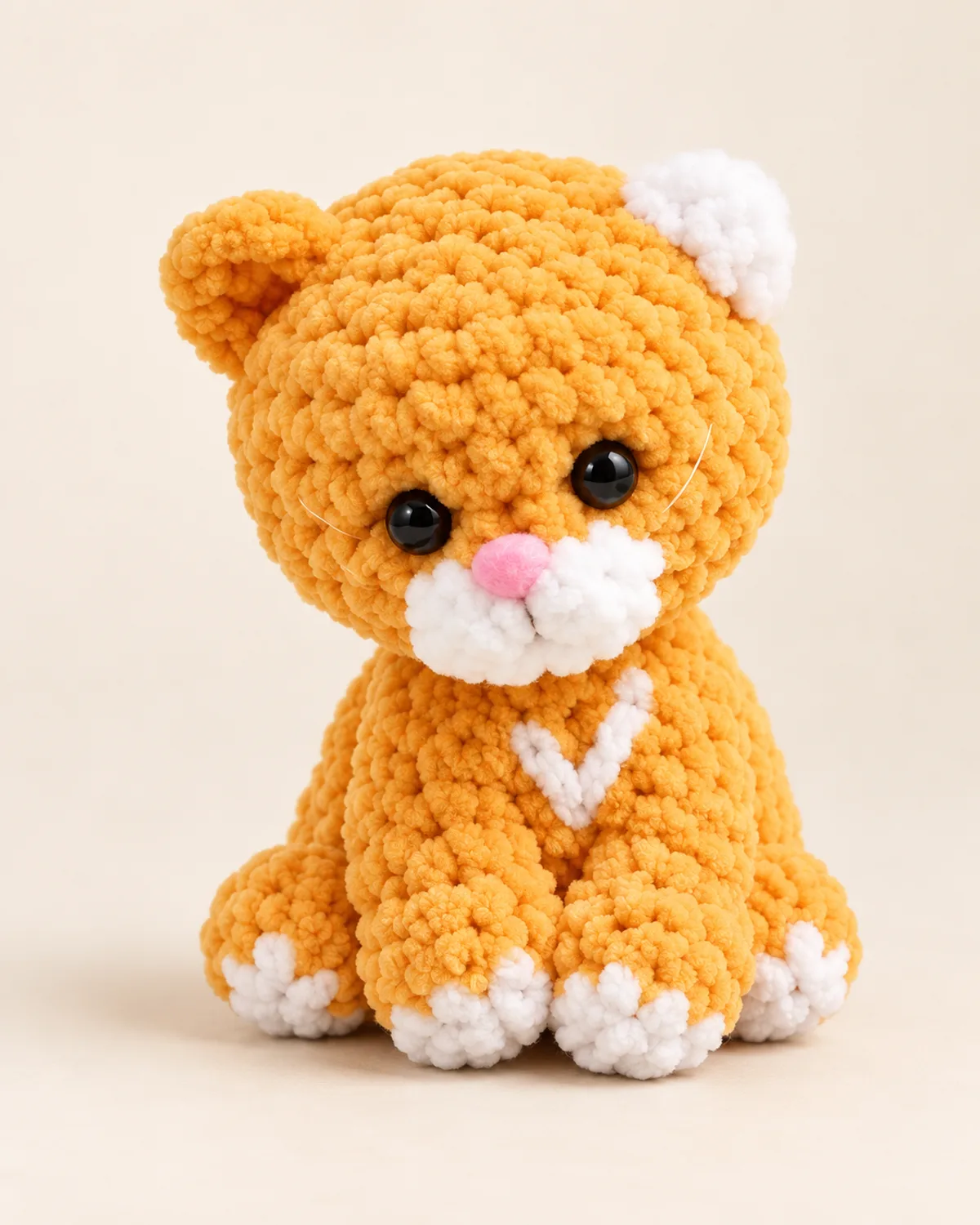 Cute Cat Amigurumi, finished product on a warm off-white background