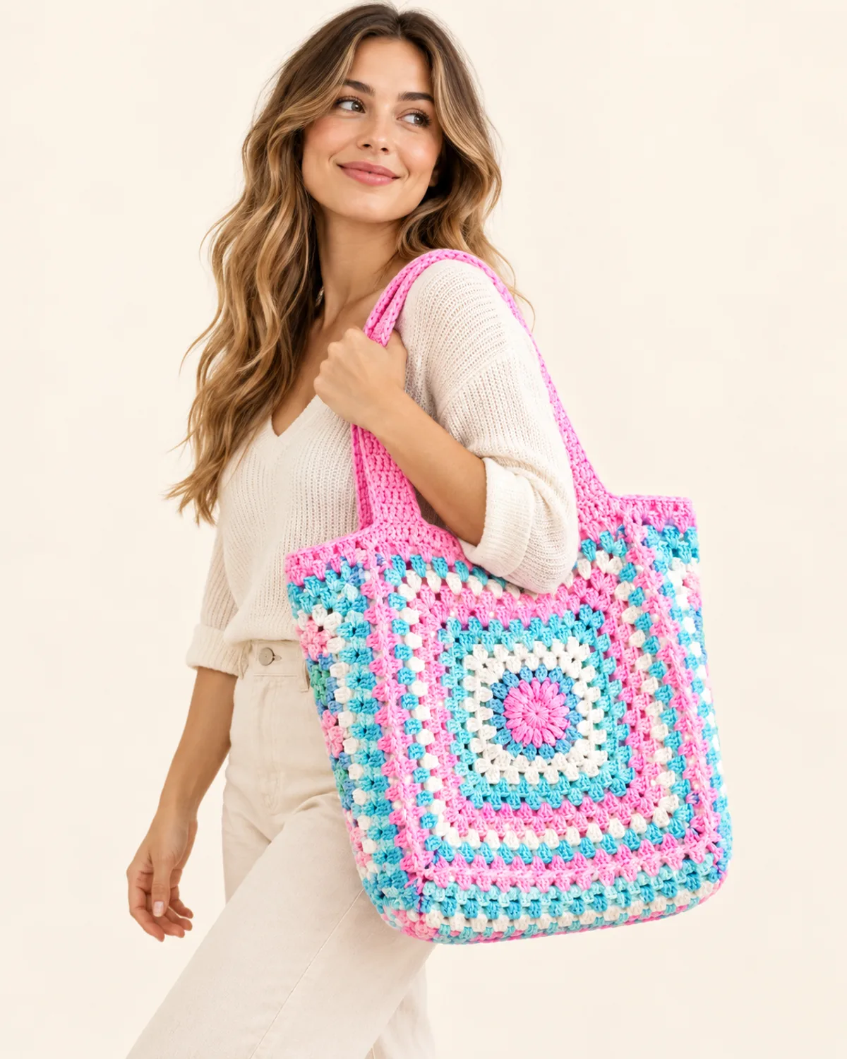 Granny Square Bag, front three-quarter view in use
