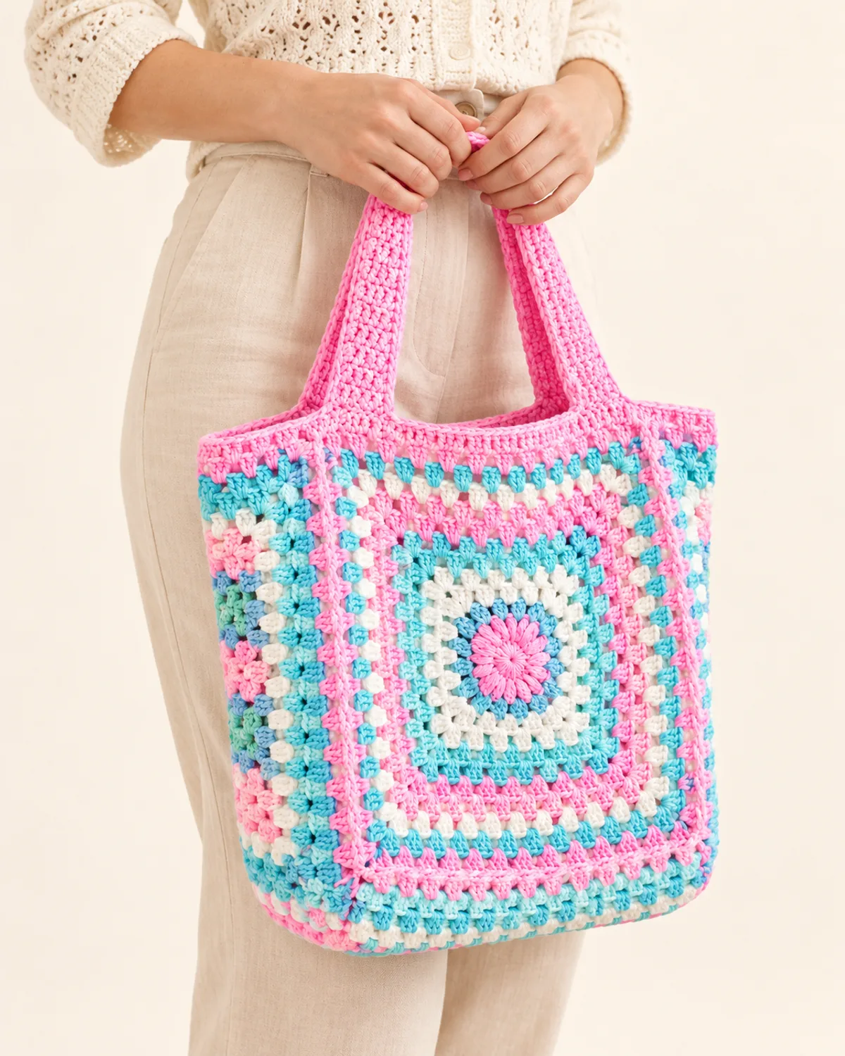 Granny Square Bag, side three-quarter view in use