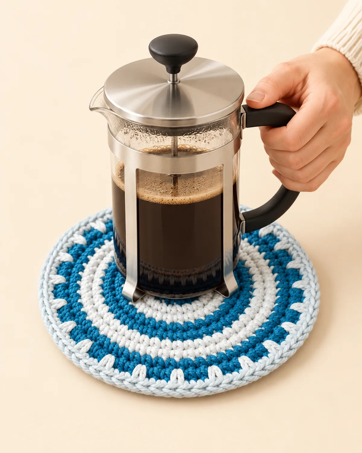 Bodum Coffee Pot Trivet, front three-quarter view in use