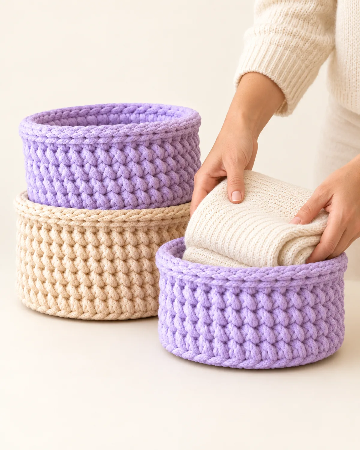 Wooden Base Crochet Basket, front three-quarter view in use