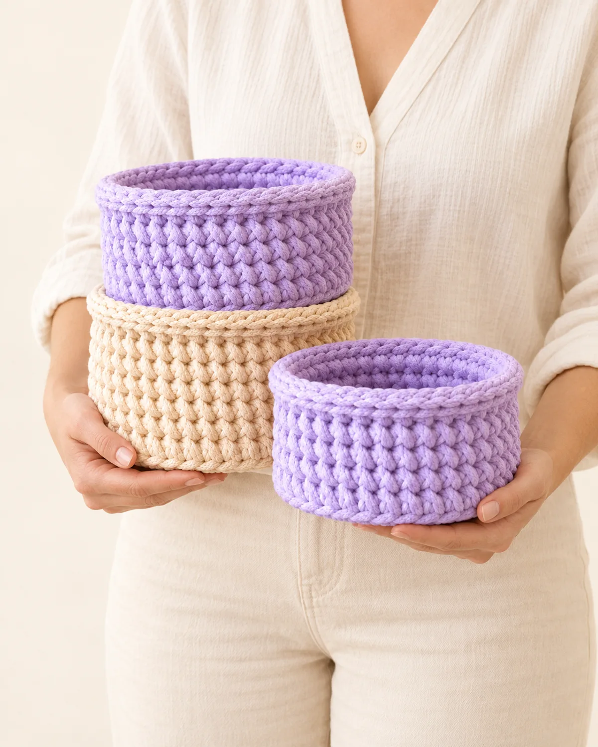 Wooden Base Crochet Basket, side three-quarter view in use
