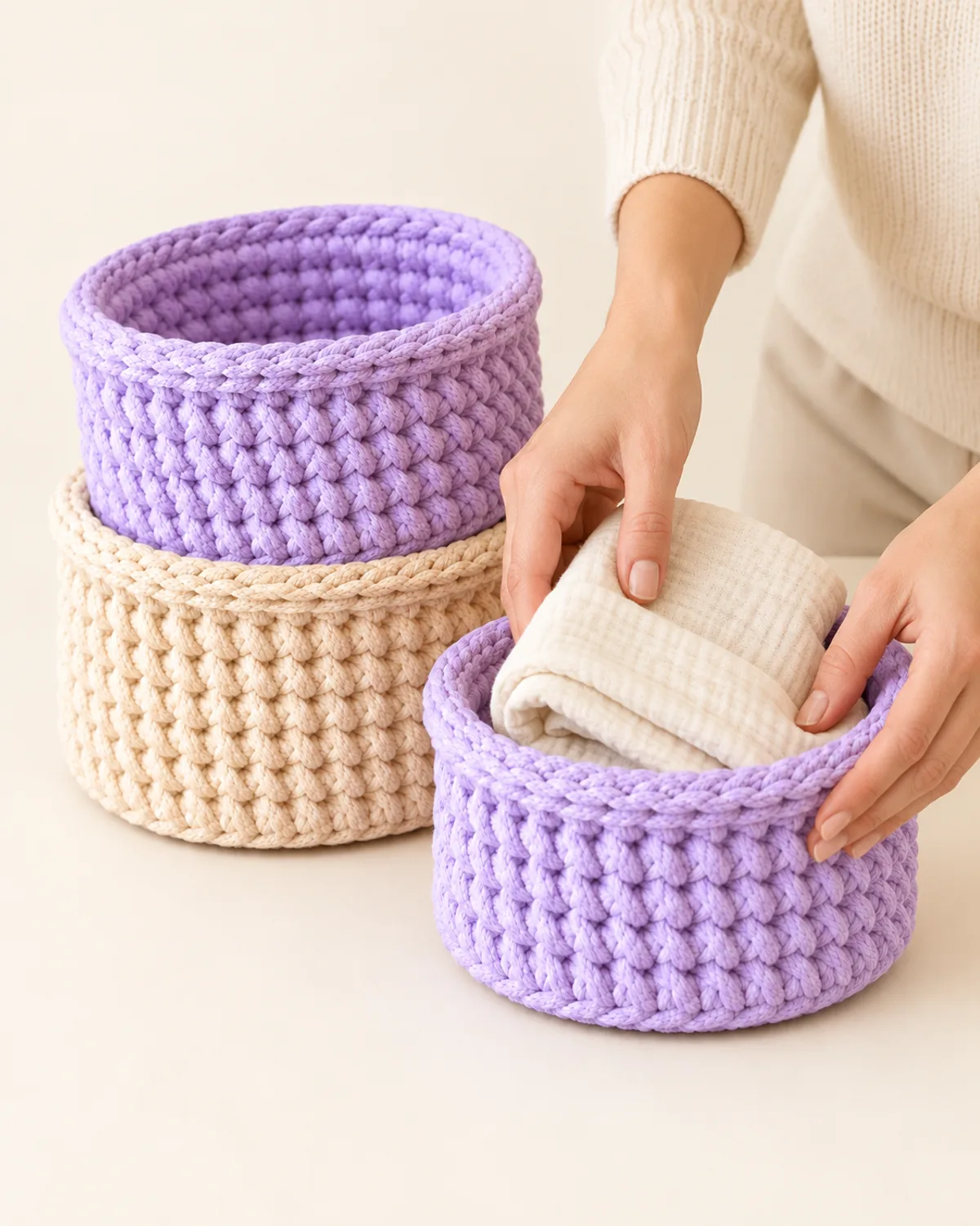 Wooden Base Crochet Basket, alternate view in use