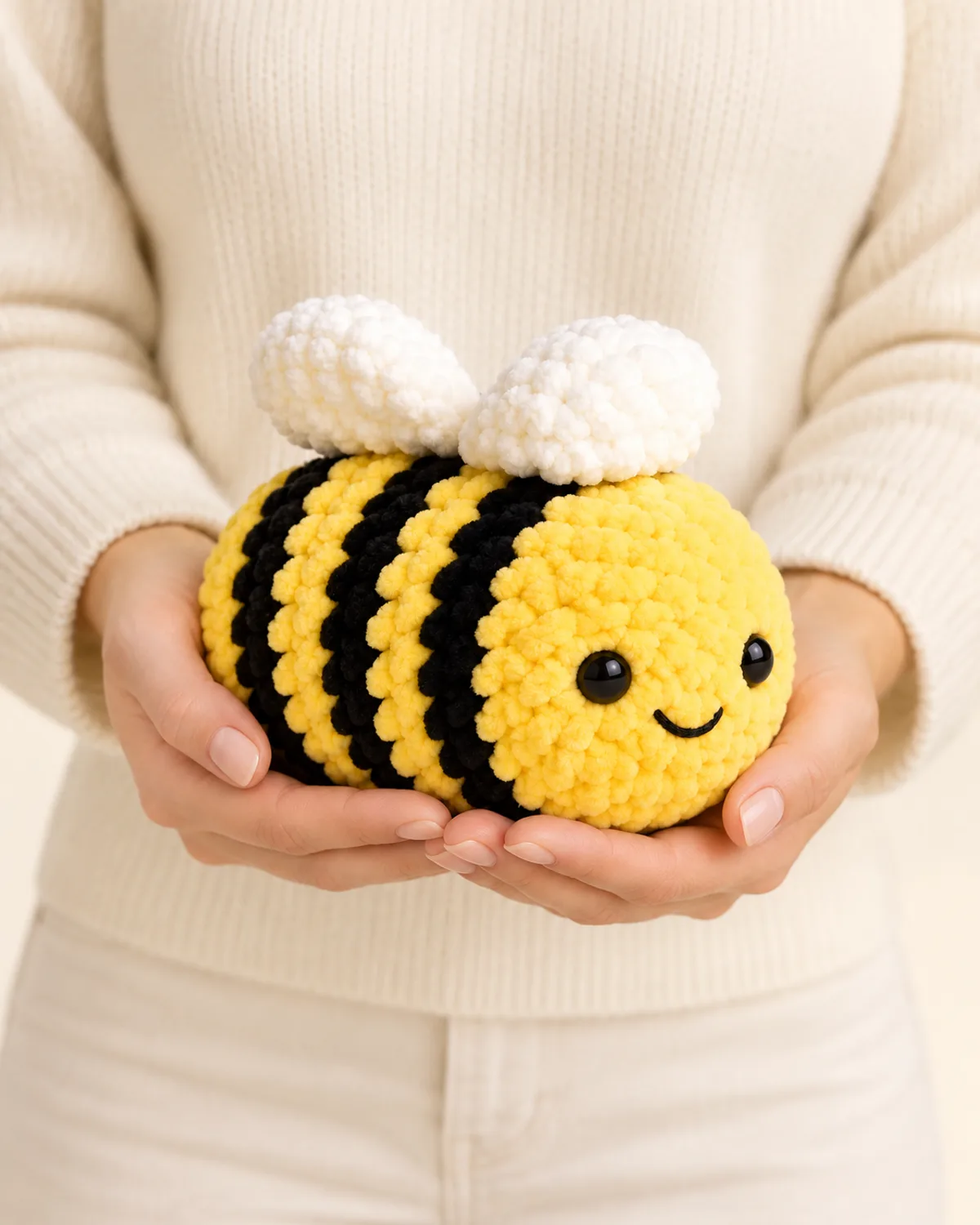 Amigurumi Bee, front three-quarter view in use
