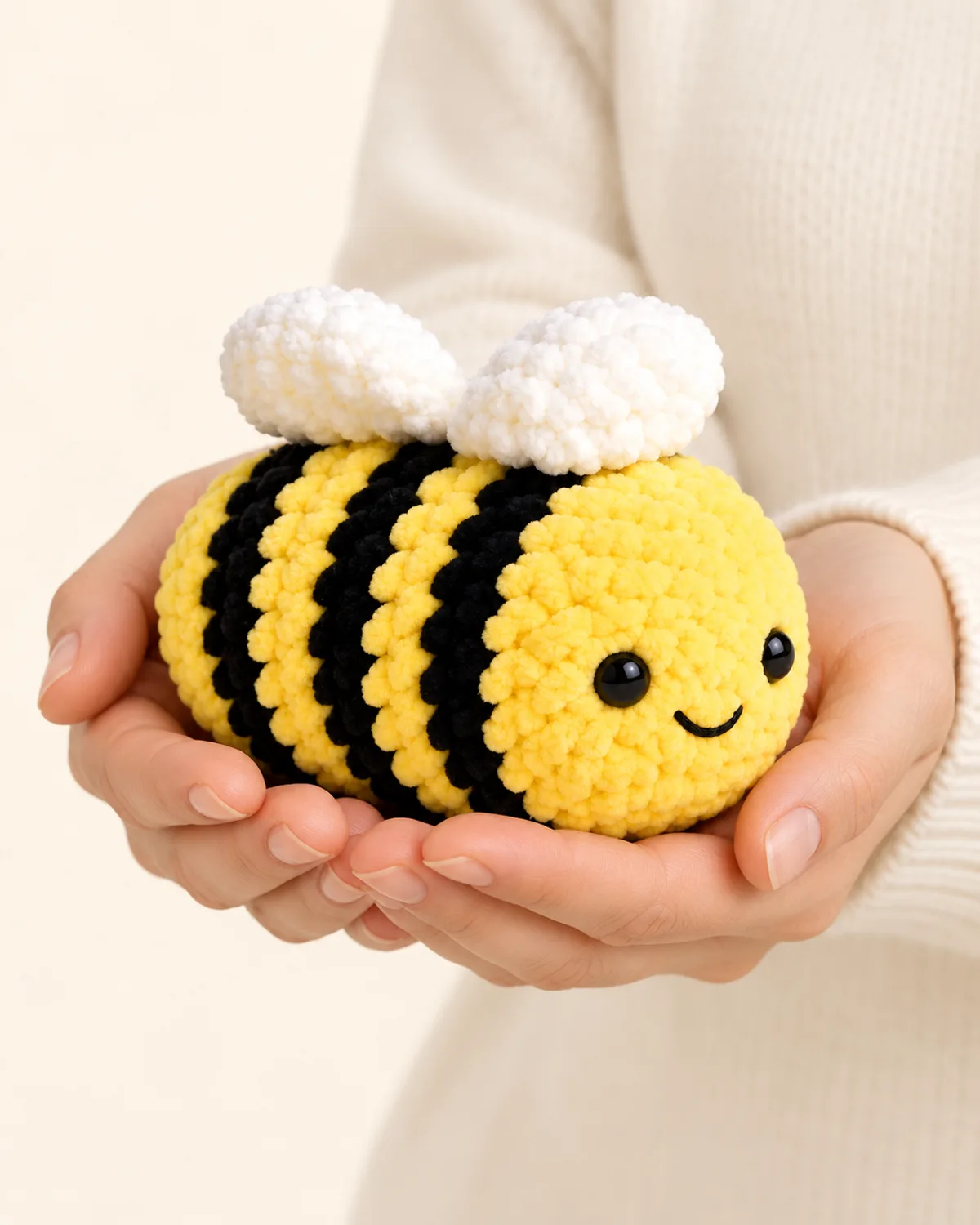 Amigurumi Bee, side three-quarter view in use