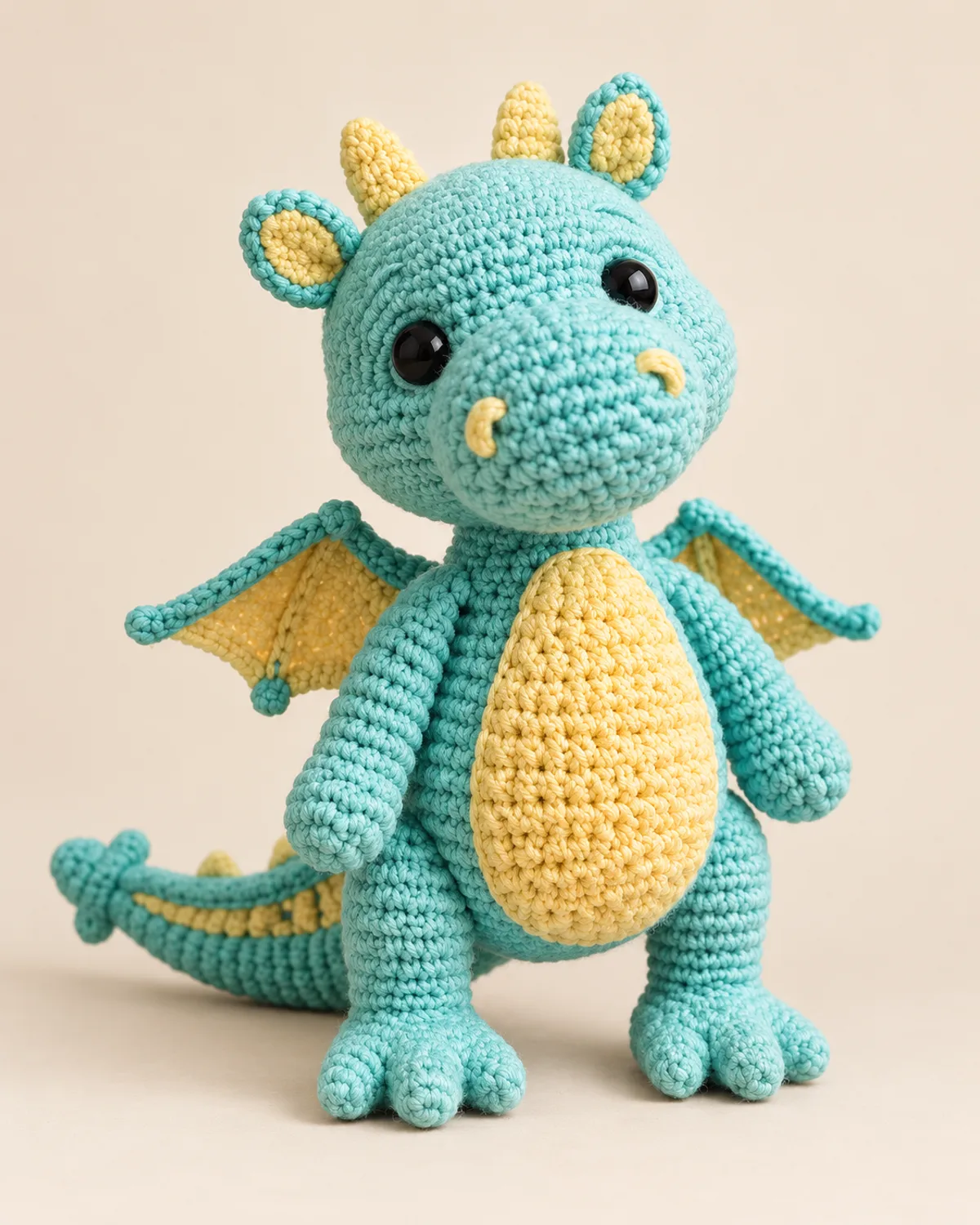 Amigurumi Dragon, finished product on a warm off-white background