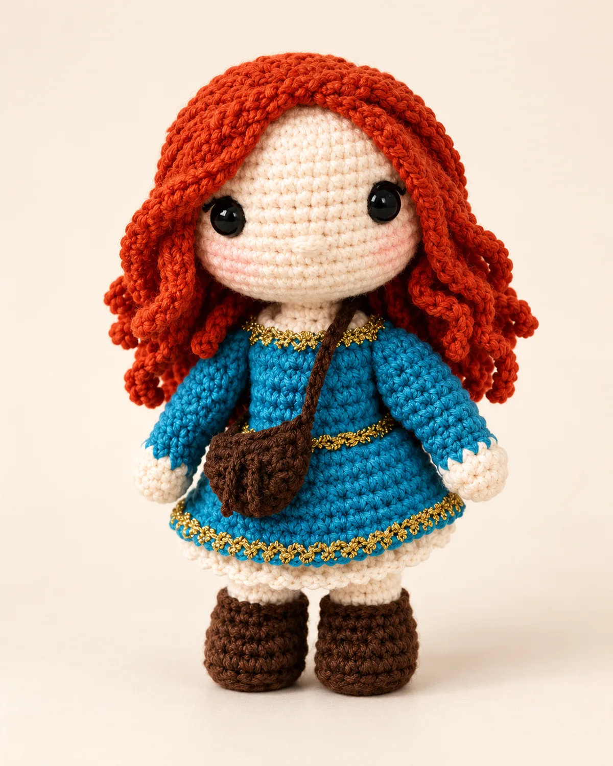Curly Haired Doll, finished product on a warm off-white background