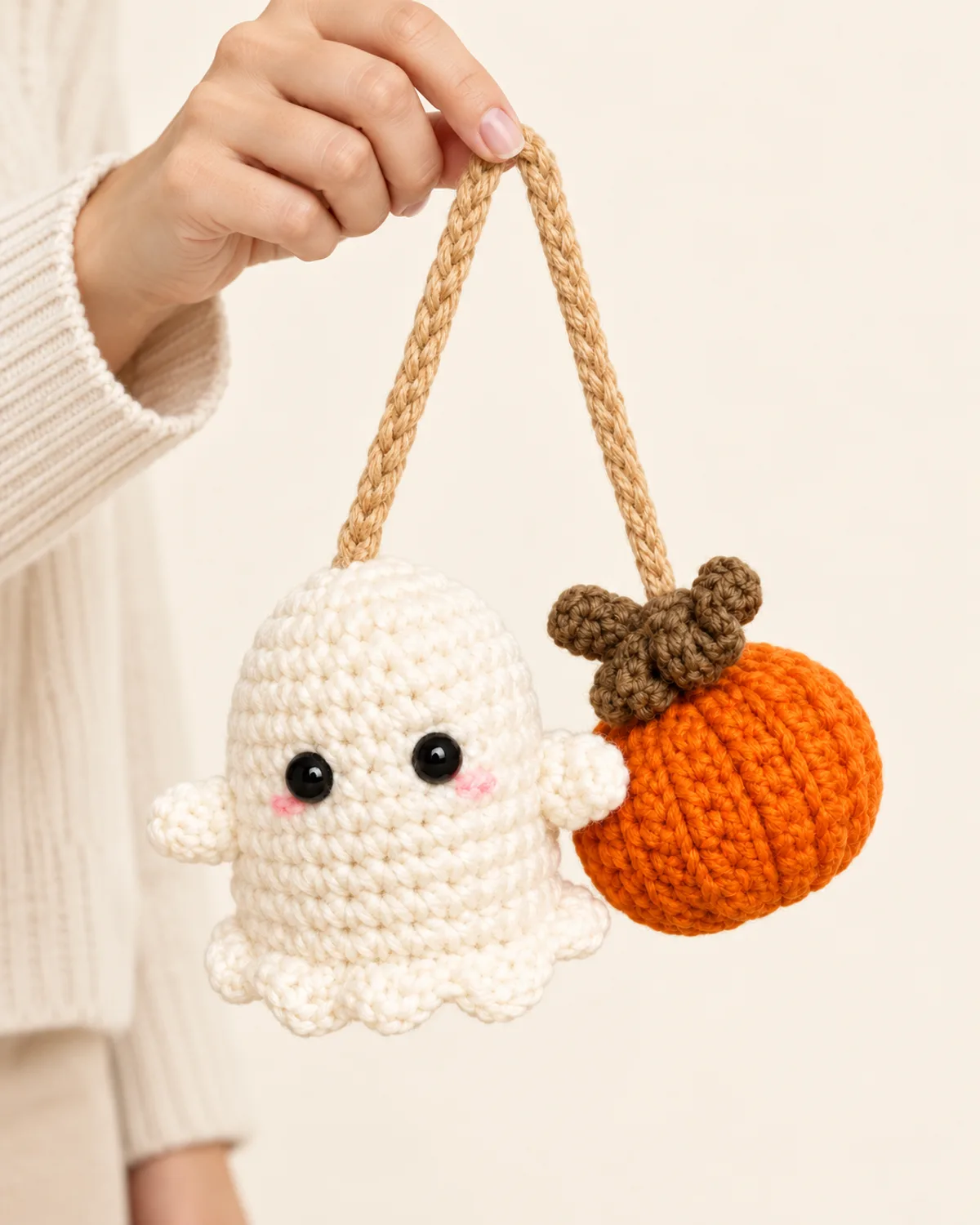 Ghost and Pumpkin Hanging Decoration, front three-quarter view in use