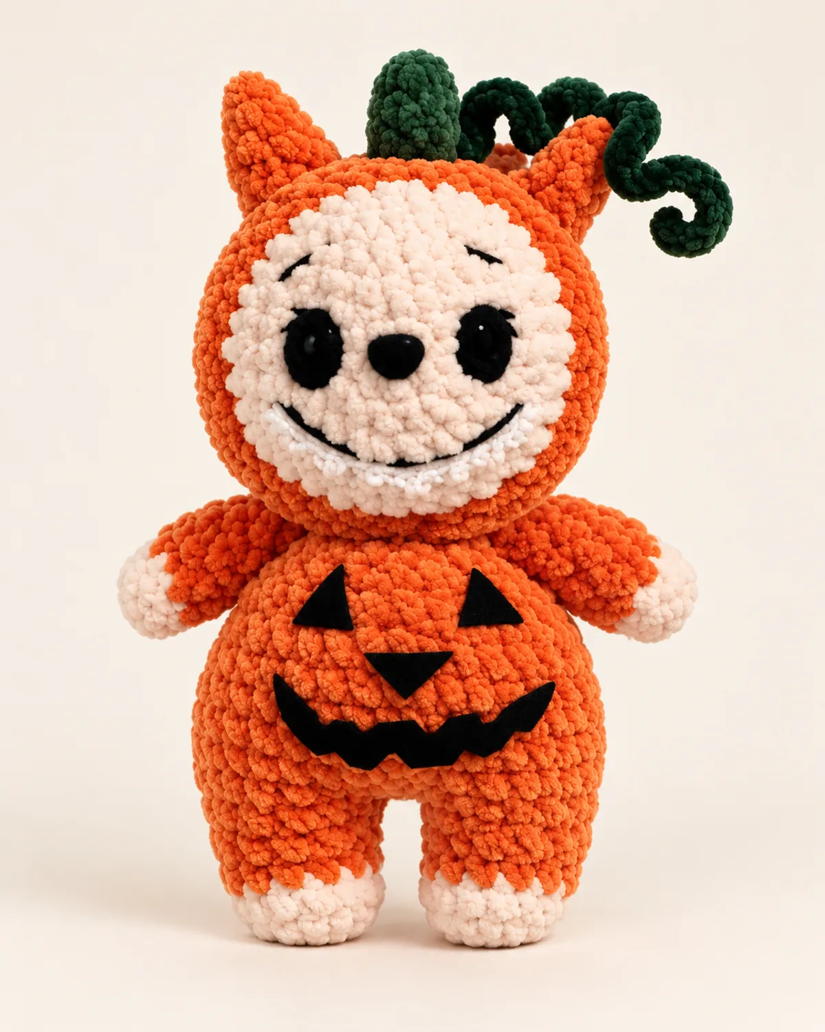Pumpkin Monster Plush, finished product on a warm off-white background