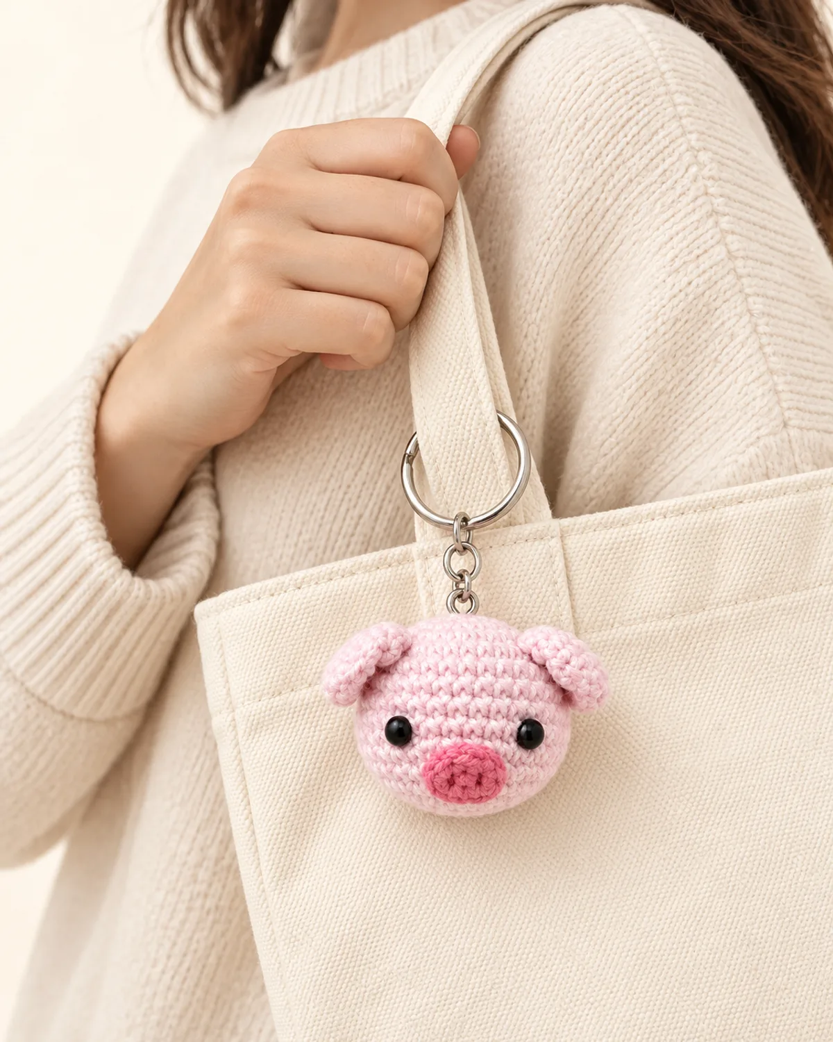 Piglet Keychain, front three-quarter view in use
