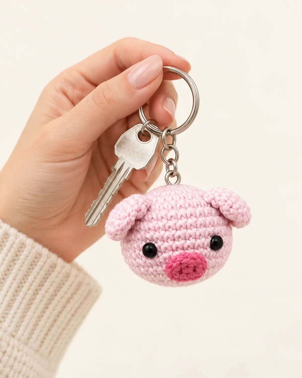 Piglet Keychain, alternate view in use