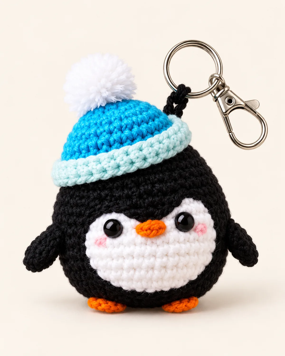 Penguin Keychain, finished product on a warm off-white background