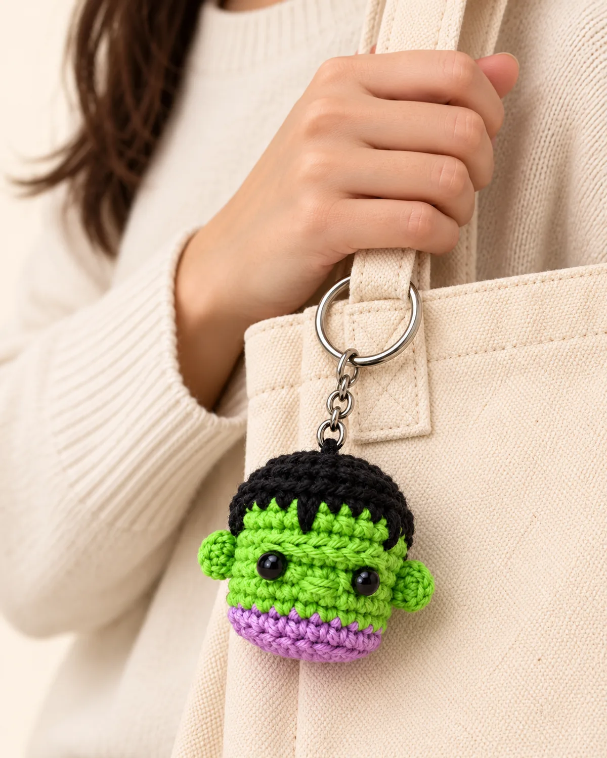 Frankenstein Keychain, front three-quarter view in use