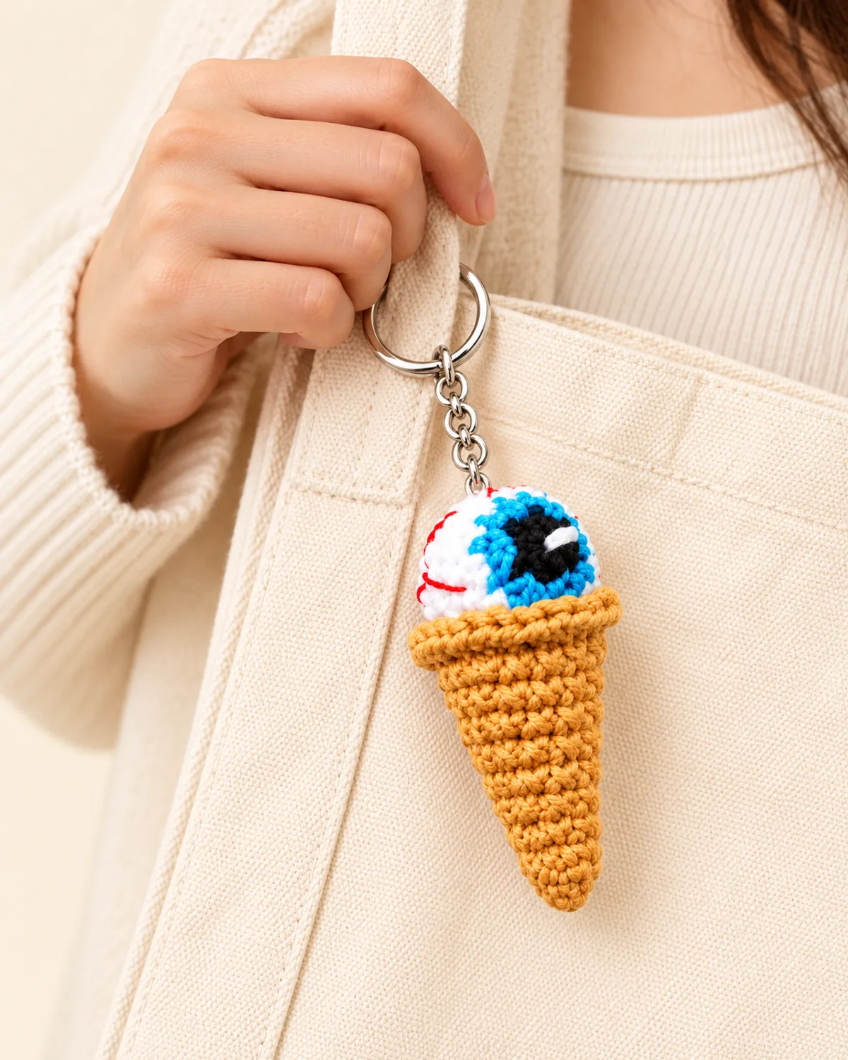 Eyeball Ice Cream Cone Keychain, front three-quarter view in use