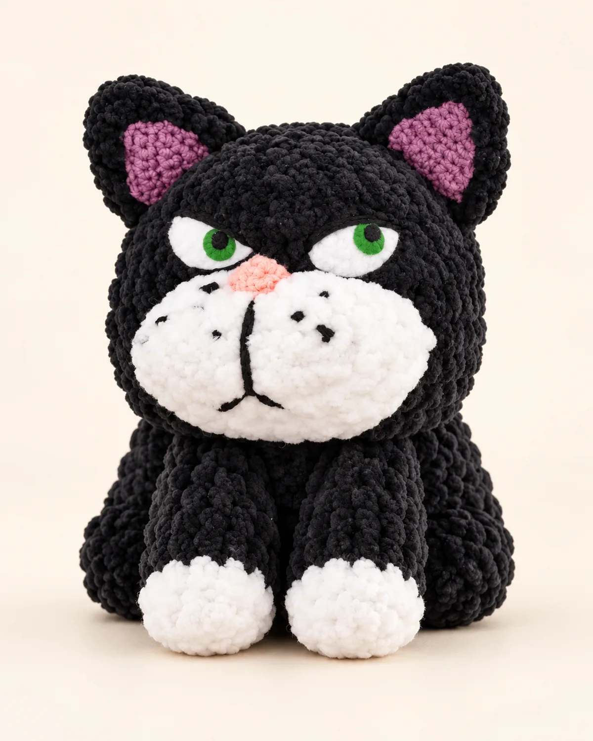 Black Cat Plush, finished product on a warm off-white background