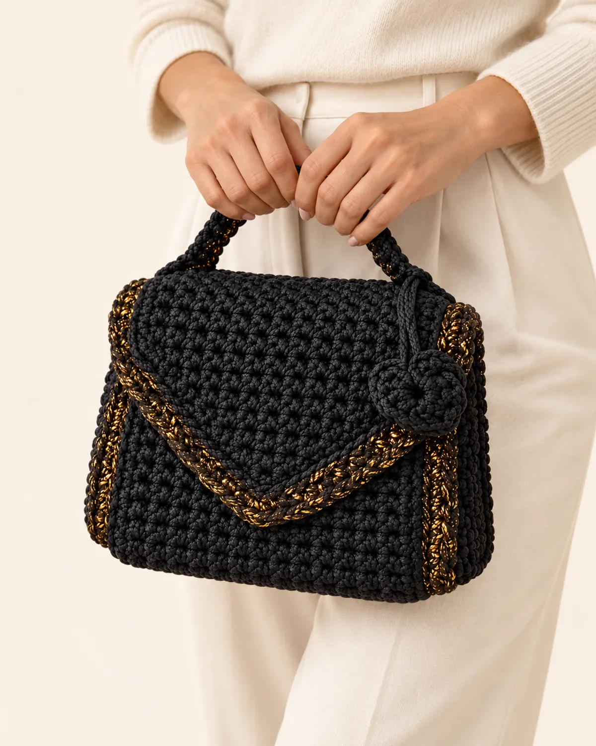 Black and Gold Handbag, side three-quarter view in use