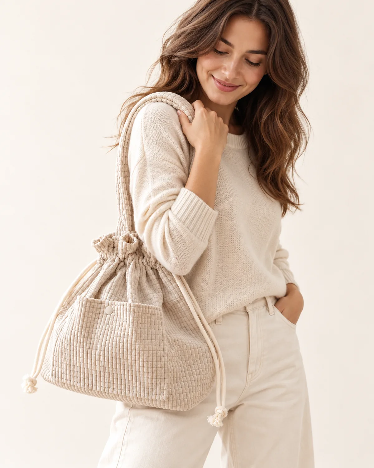 Drawstring Bucket Bag, front three-quarter view in use