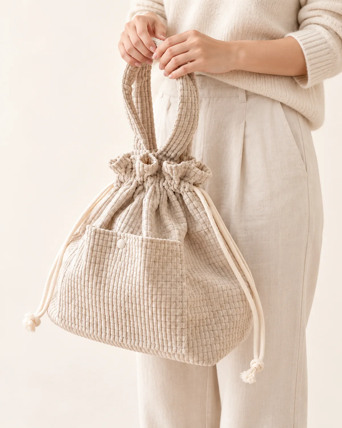 Drawstring Bucket Bag, side three-quarter view in use