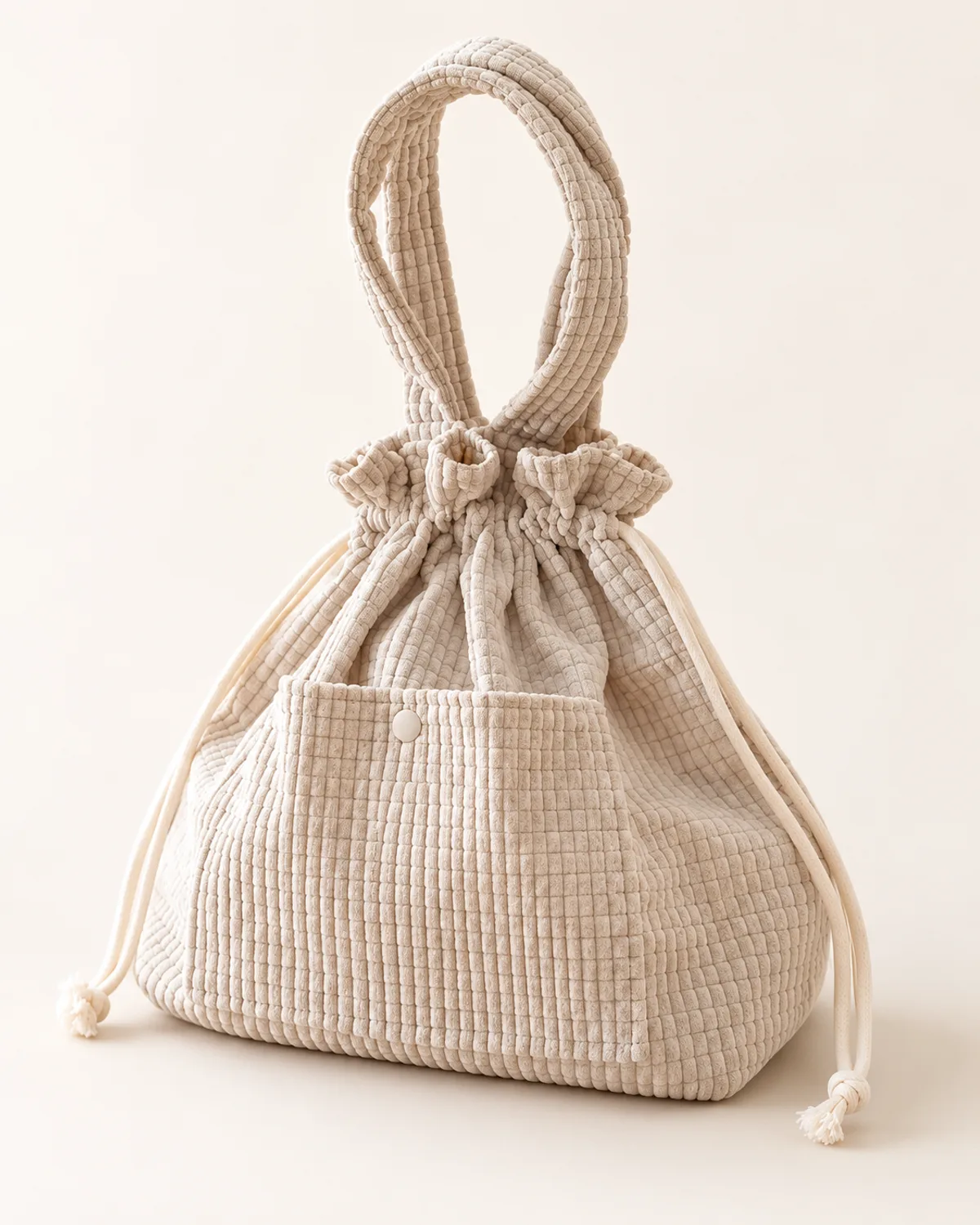 Drawstring Bucket Bag, finished product on a warm off-white background