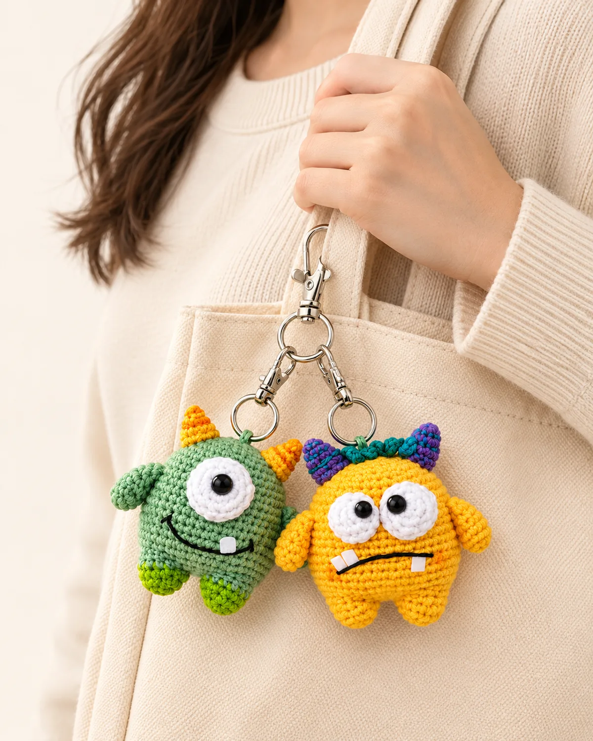 Little Monster Keychain, front three-quarter view in use
