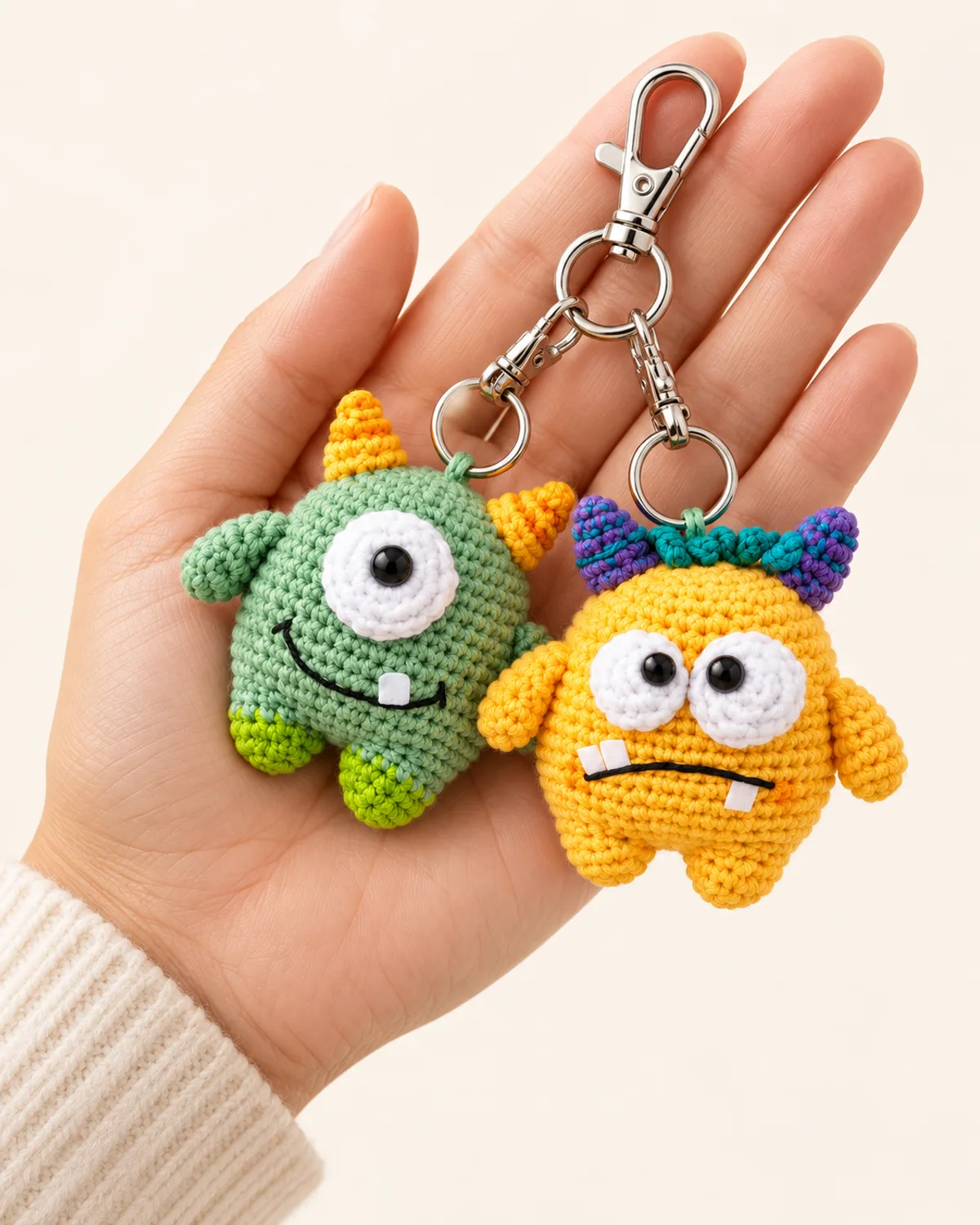 Little Monster Keychain, side three-quarter view in use