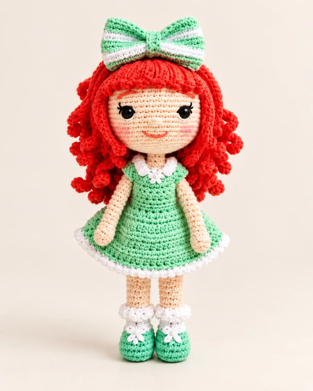 Red-Haired Doll with Bow, finished product on a warm off-white background