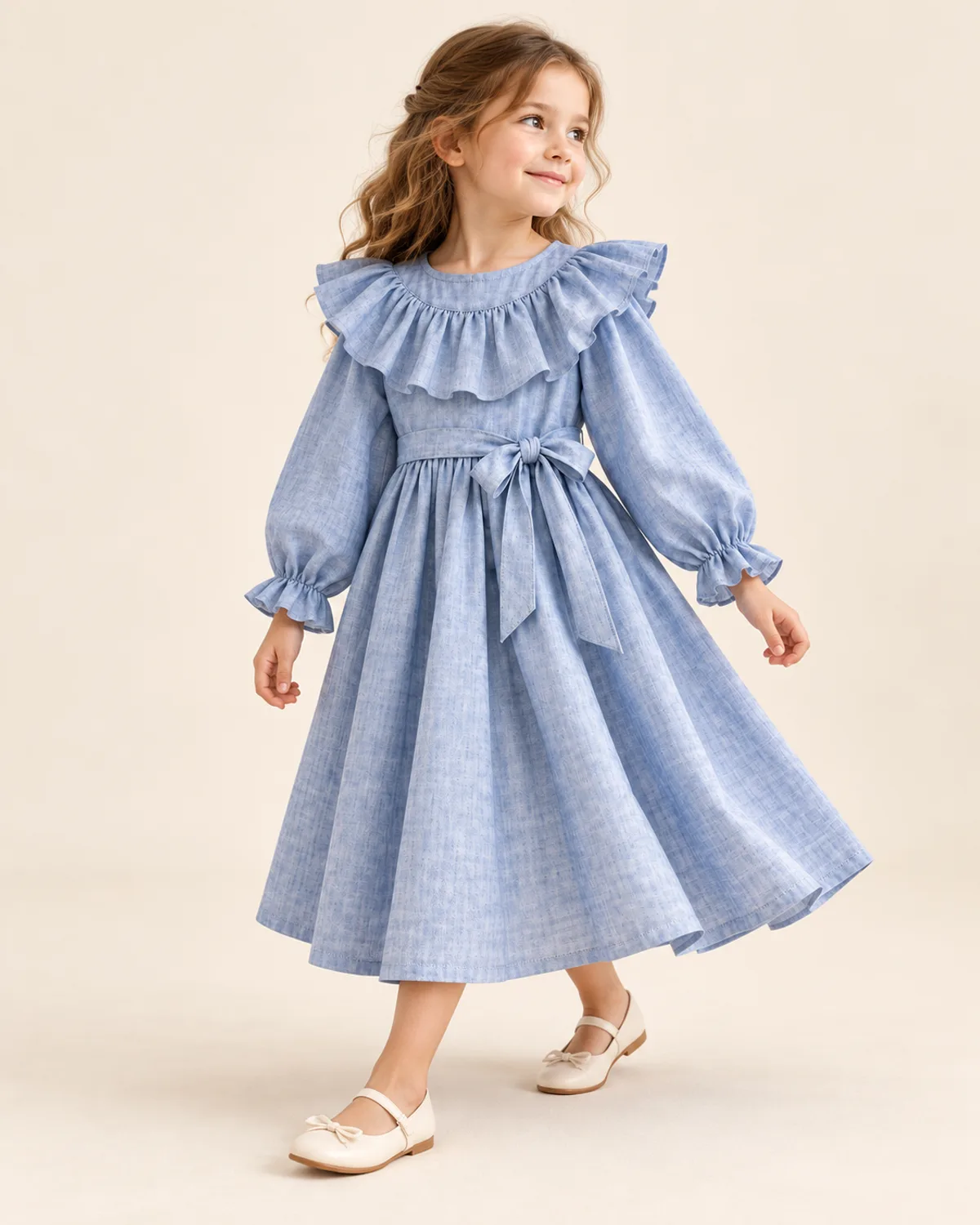 Girls Flounce Dress, side three-quarter view in use