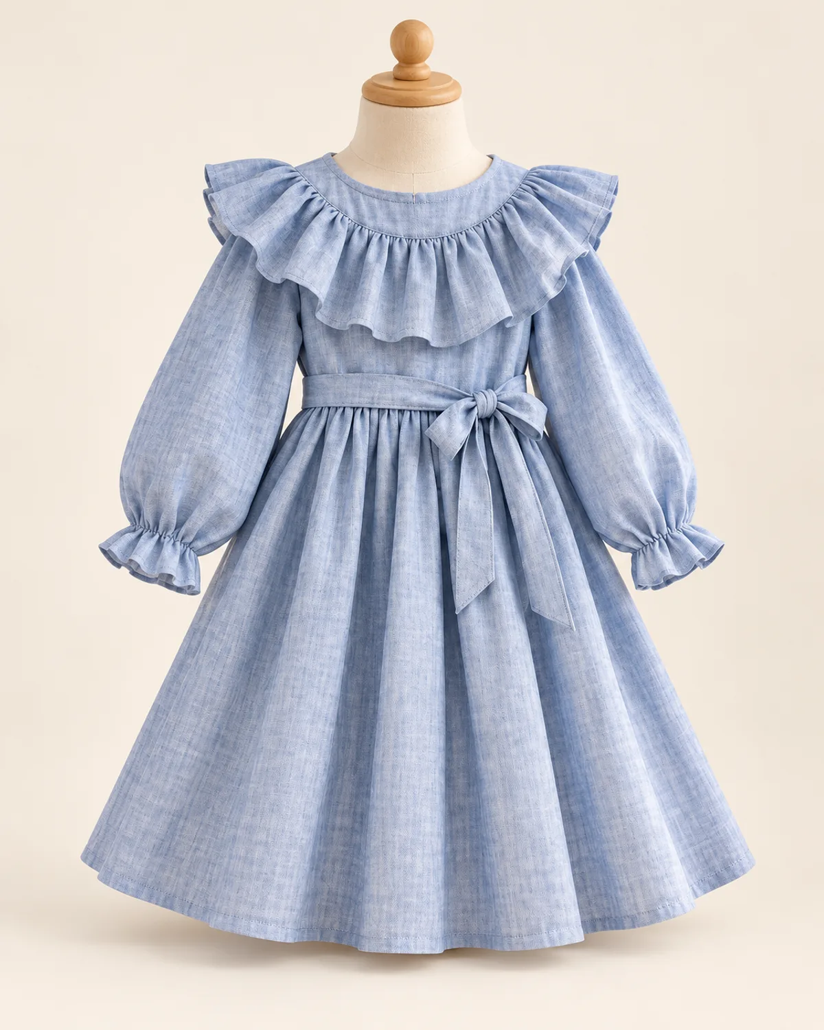 Girls Flounce Dress, finished product on a warm off-white background
