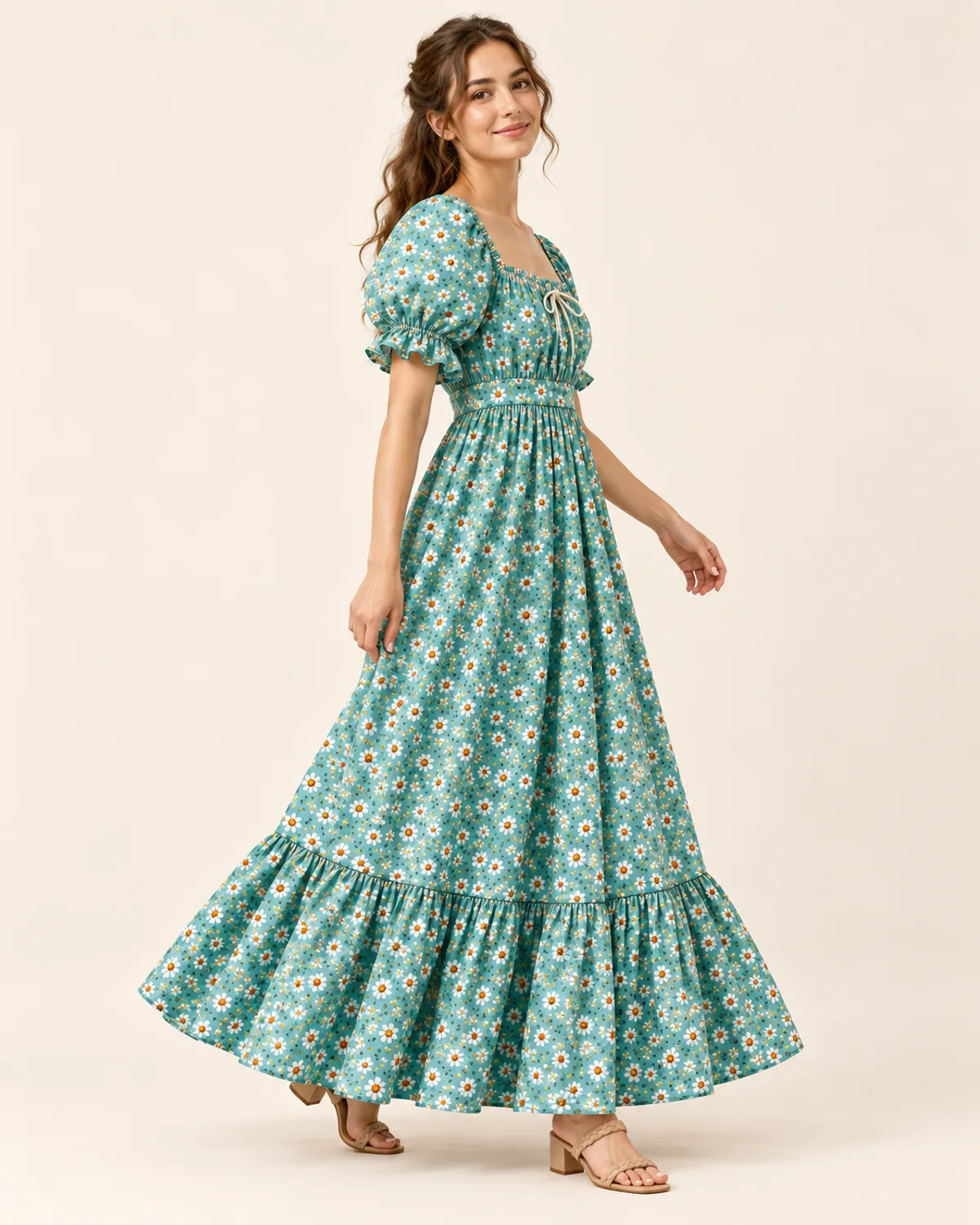 Summer Ruffle Maxi Dress, side three-quarter view in use