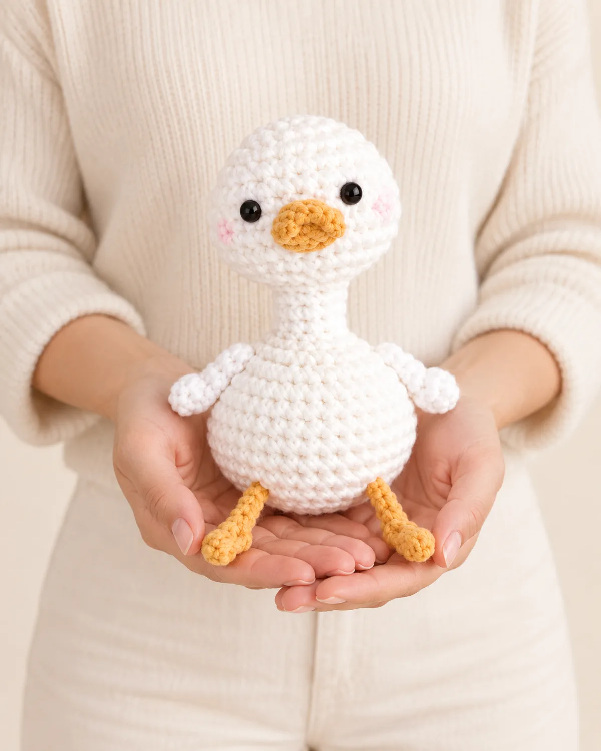 Duck Amigurumi, front three-quarter view in use