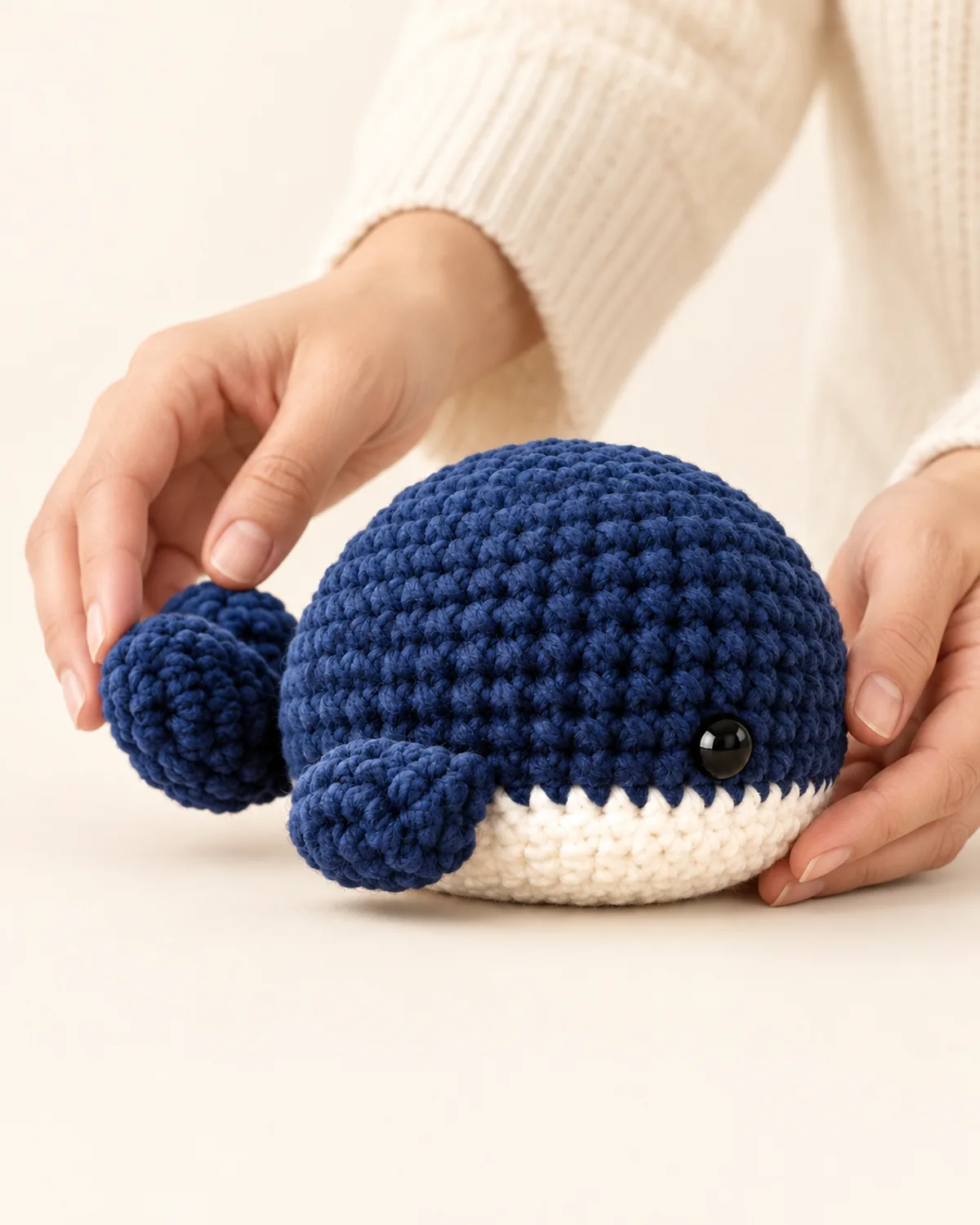Navy Blue Whale Amigurumi, alternate view in use