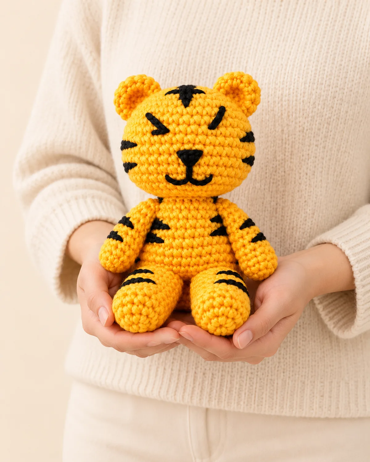 Tiger Amigurumi, front three-quarter view in use