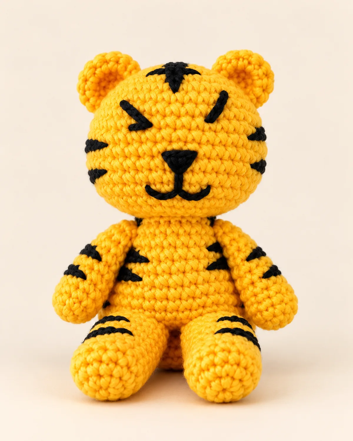 Tiger Amigurumi, finished product on a warm off-white background