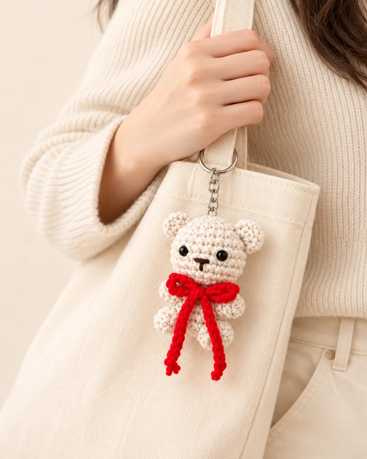 Teddy Bear Keychain, front three-quarter view in use