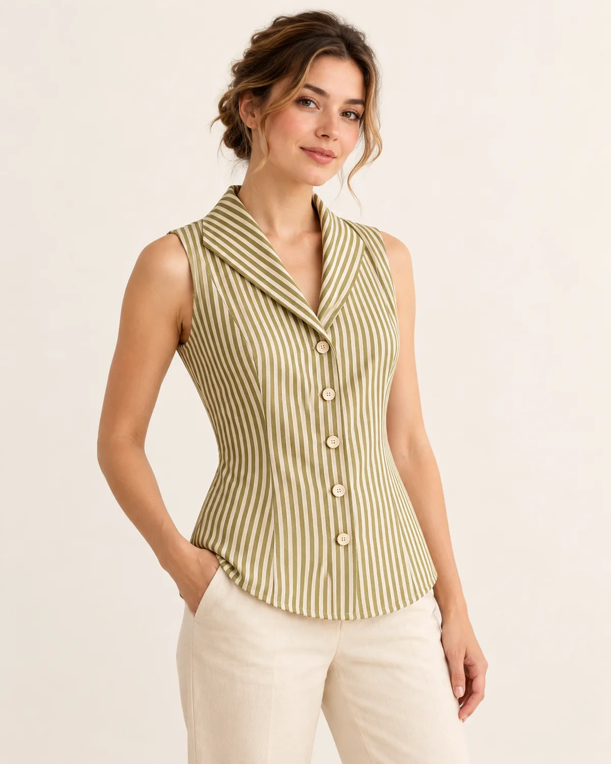 Sleeveless Shawl Collar Blouse, front three-quarter view in use